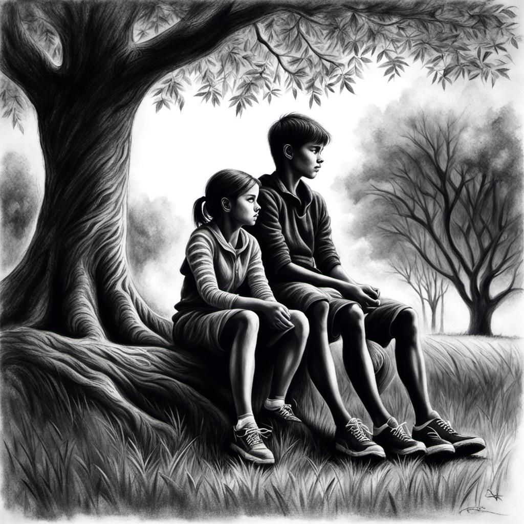 Hyperdetailed Charcoal Drawing of Children Under Tree