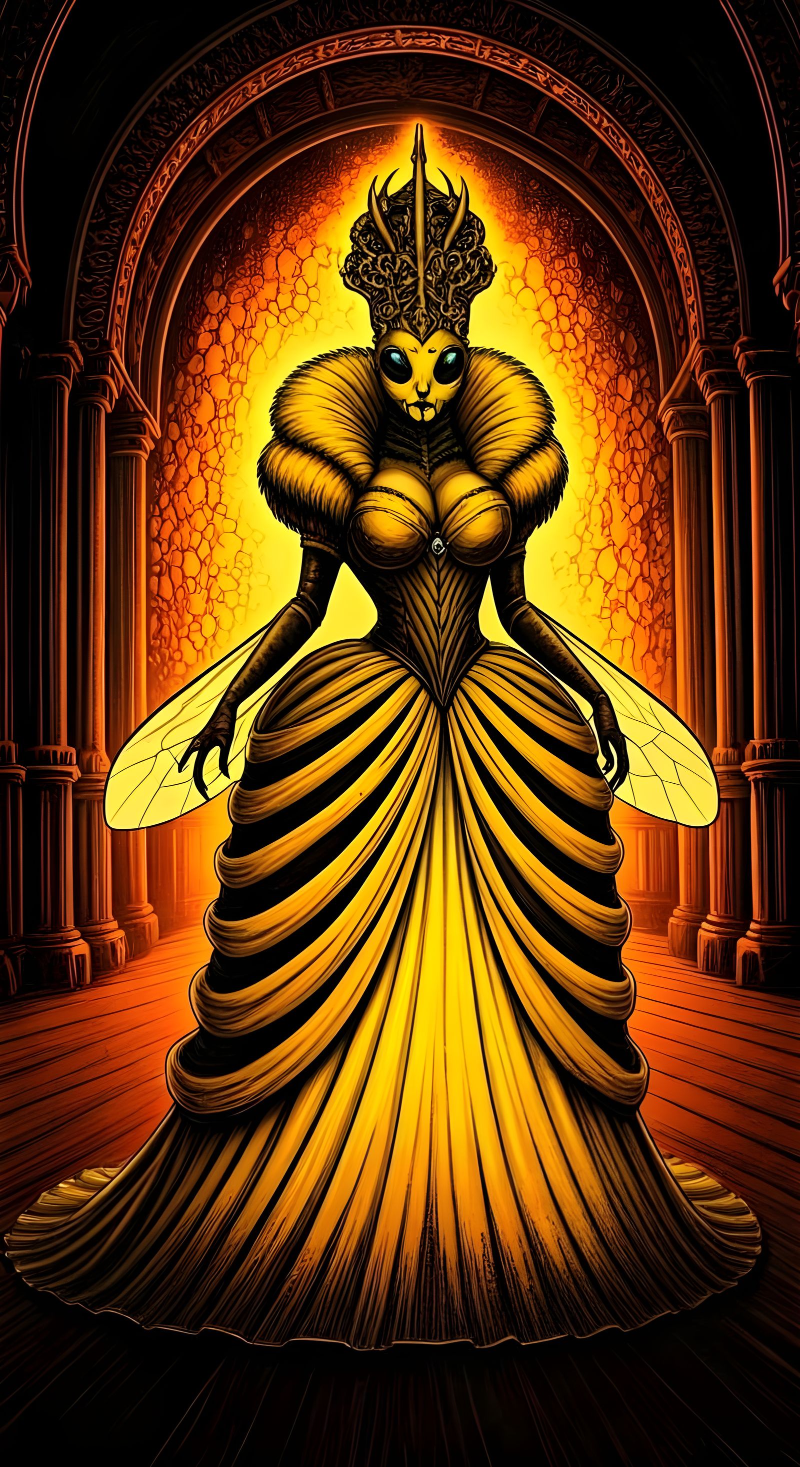 Cyberpunk Queen Bee Goddess in a Honeycomb Horror Ballroom