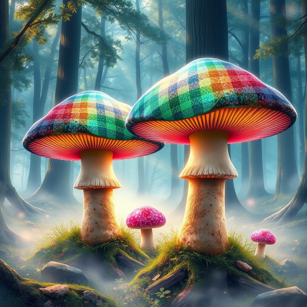 Surreal Forest Mushrooms in Hyperrealistic Style