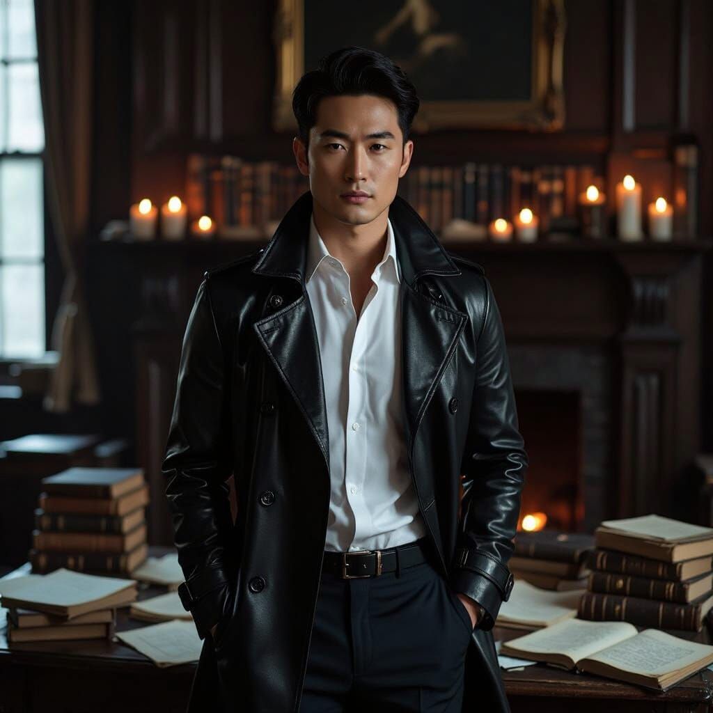 Asian American Man in Leather Trench Coat in Moody Study