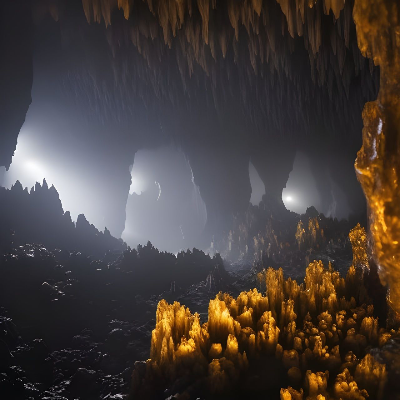 Golden Skulls in Dark Cave Illustration