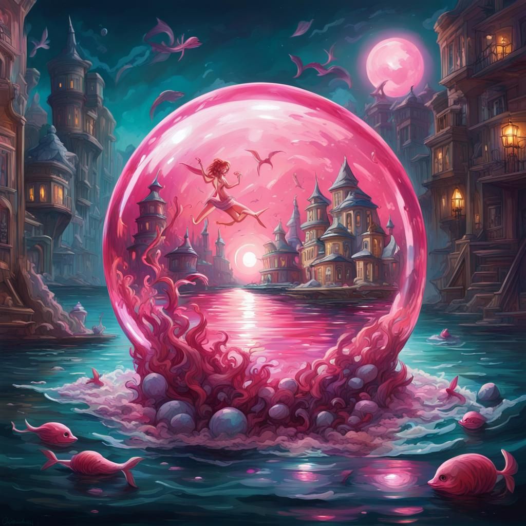Pink Crystal Ball with Mermaids: Graffiti Art