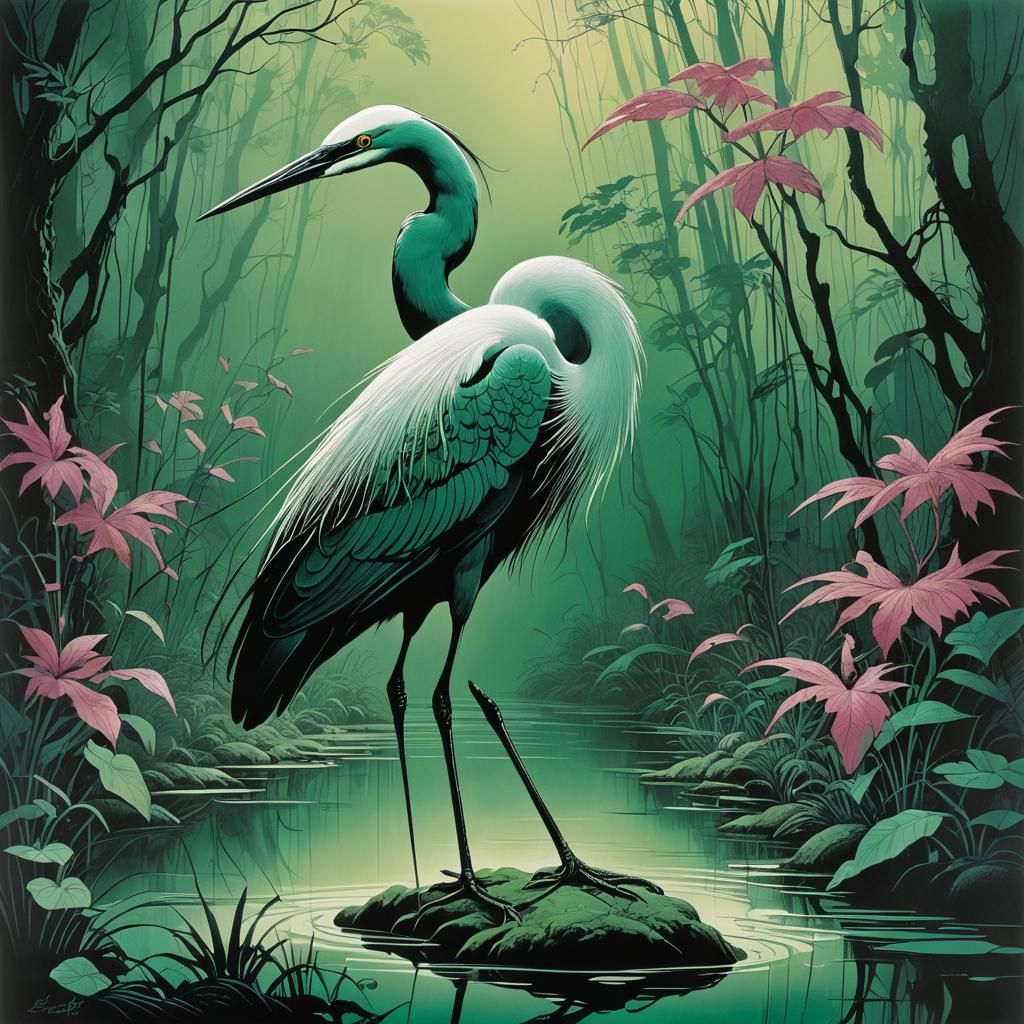 Ethereal Emerald Egret Etching