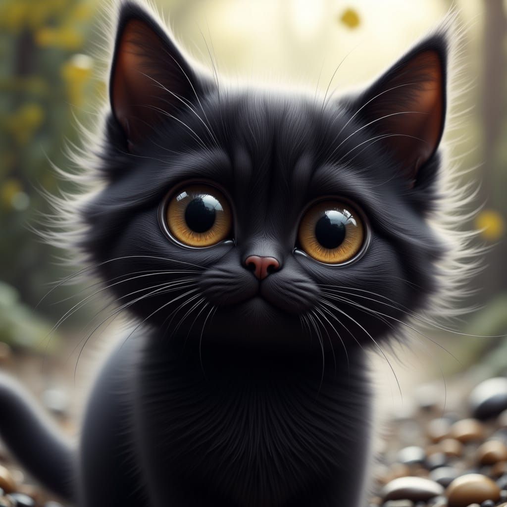 Cute Black Kitten with Big Eyes in 3D Anime Style