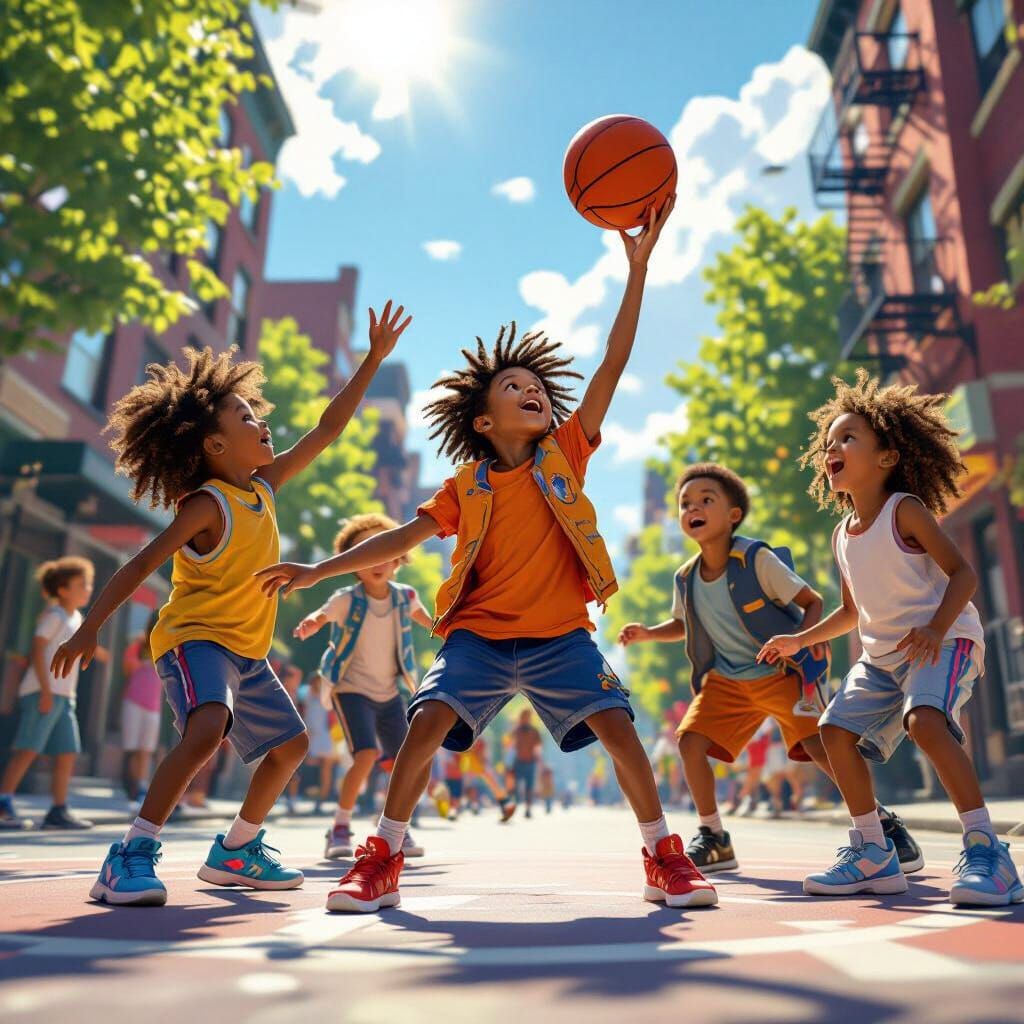 Diverse Kids Playing Basketball in Bronx, NYC, Matte Paintin...