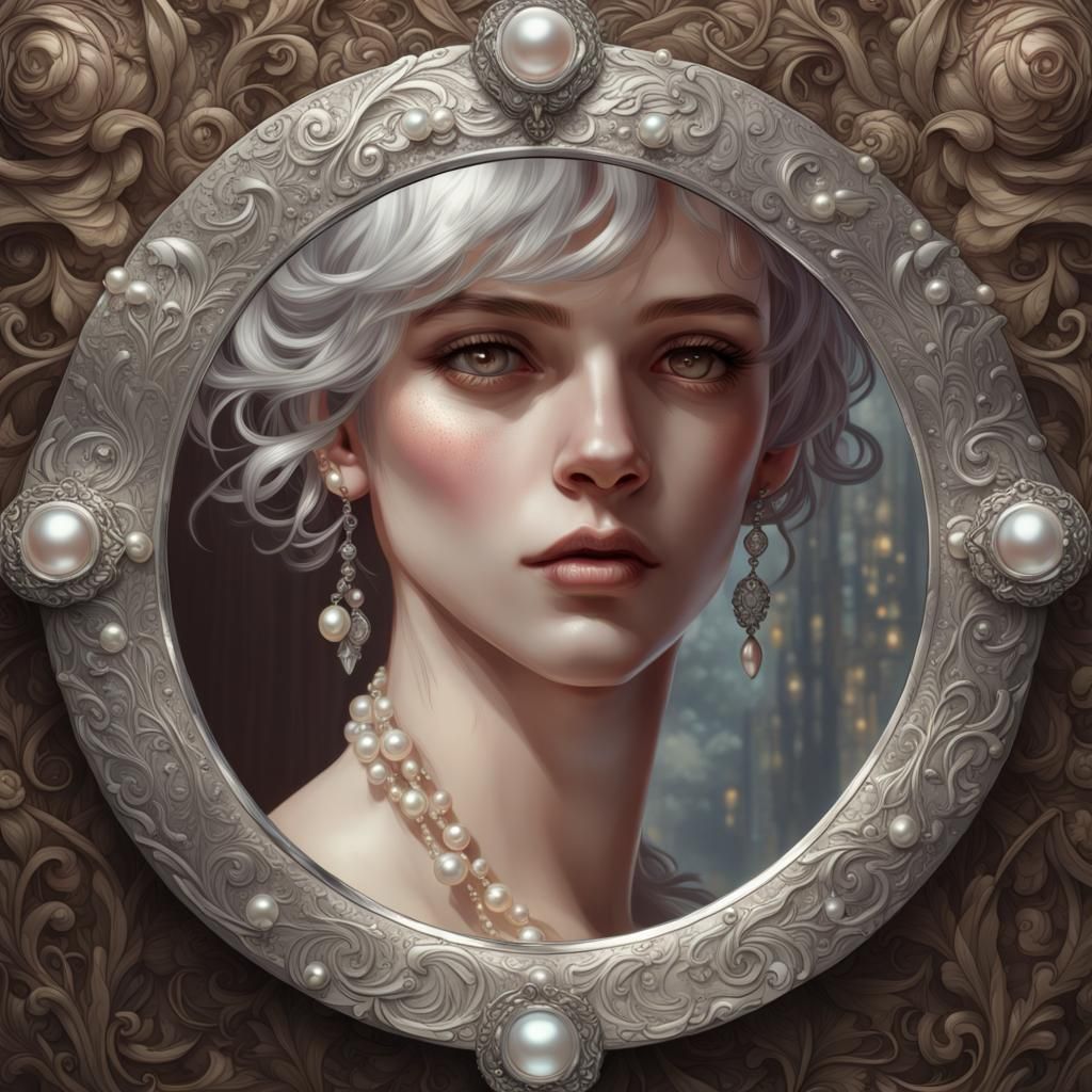 Reflective Portrait in Pearl Hand Mirror, Digital Art