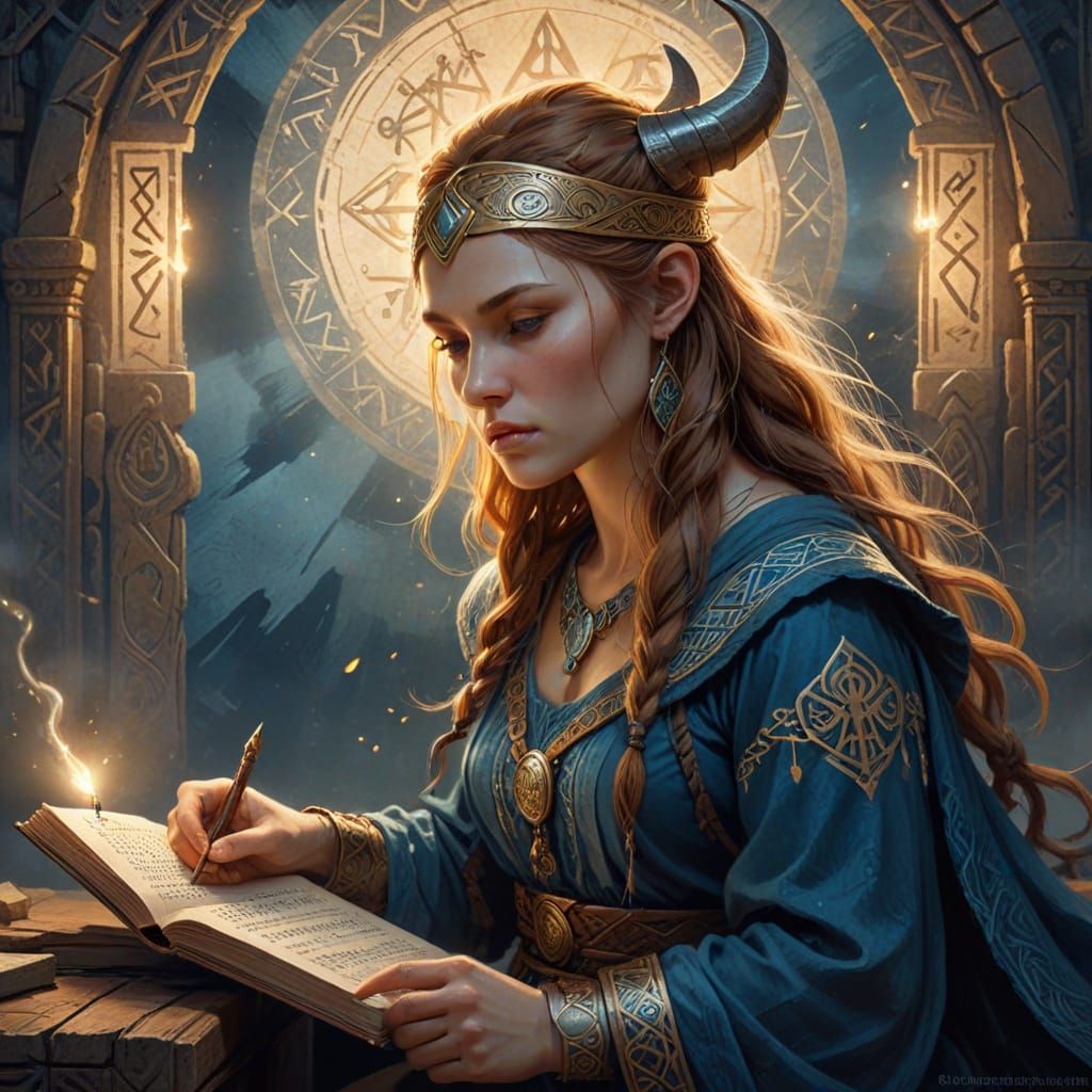 Art Nouveau Viking Woman Studying Glowing Runes