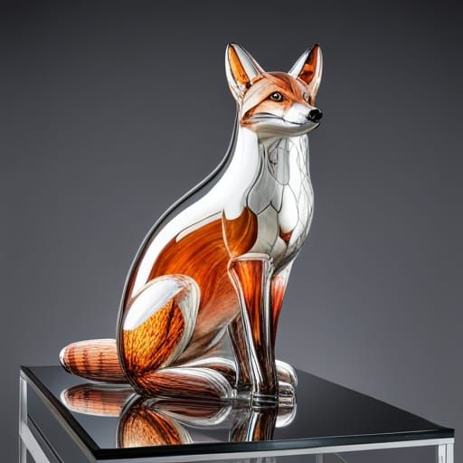 Transparent Blown Glass Fox on Mirrored Platform