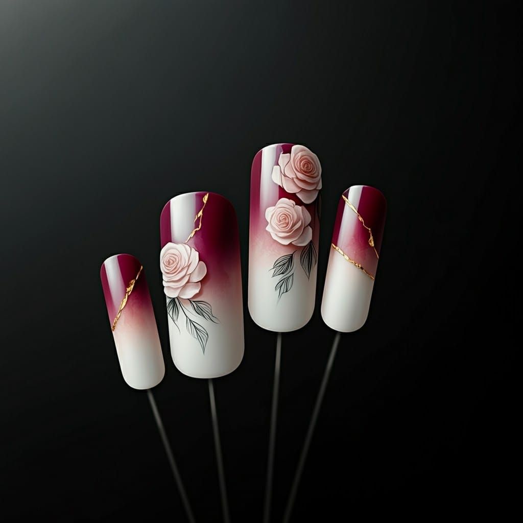 Minimalist Burgundy and White Rose Nail Art