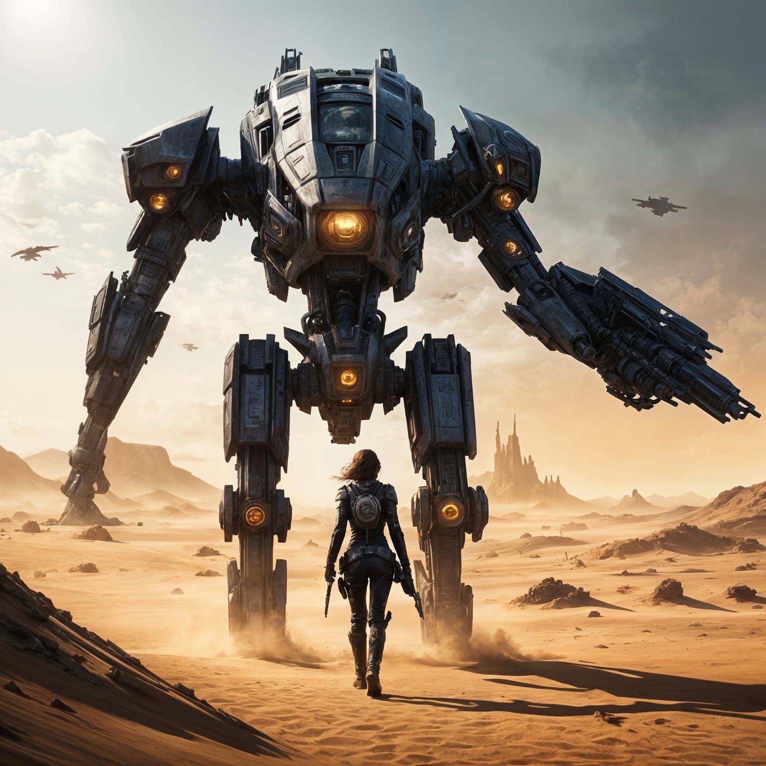 Cyberpunk Bounty Hunter in Futuristic Desert Landscape