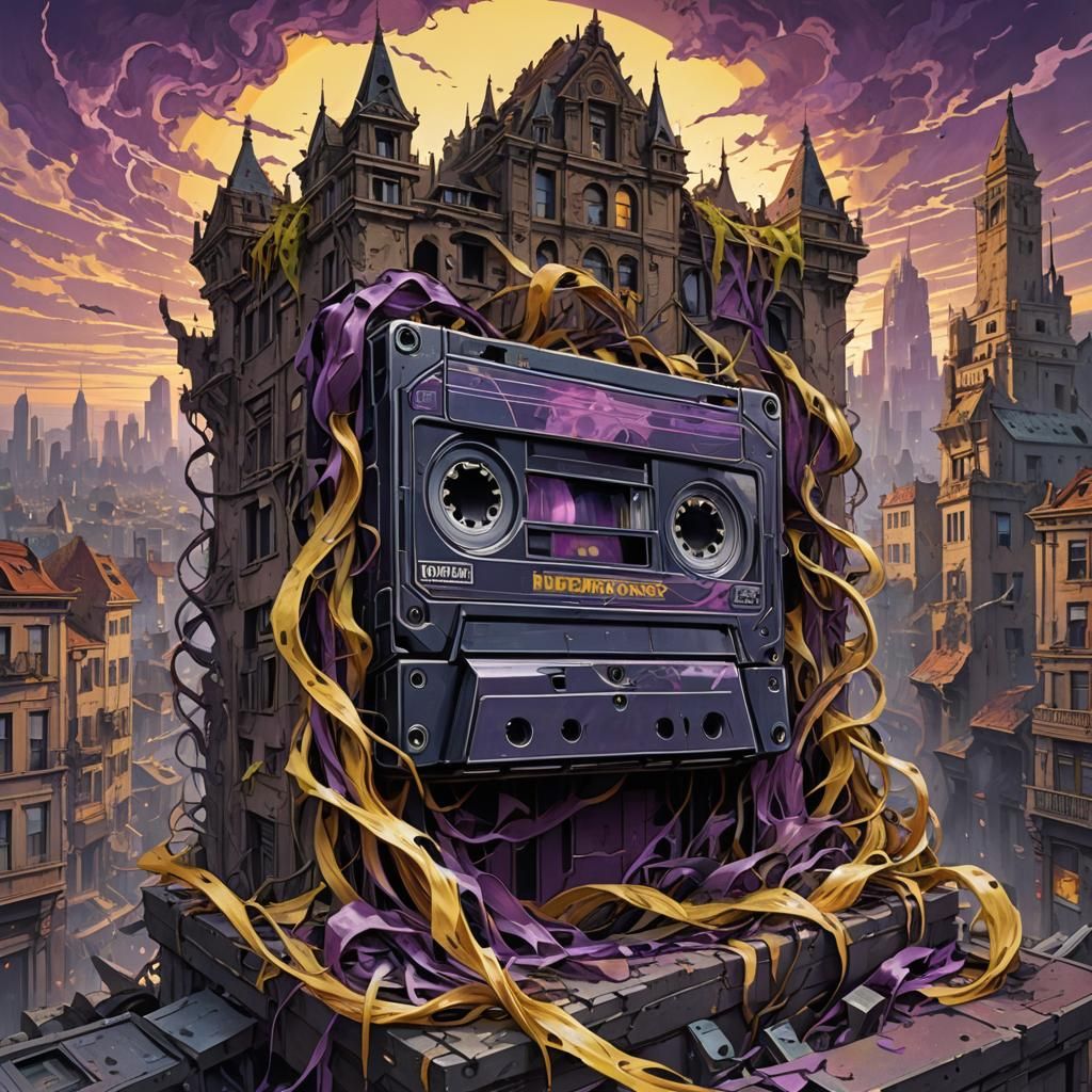 Cassette Tape Monster in Ruined Cityscape
