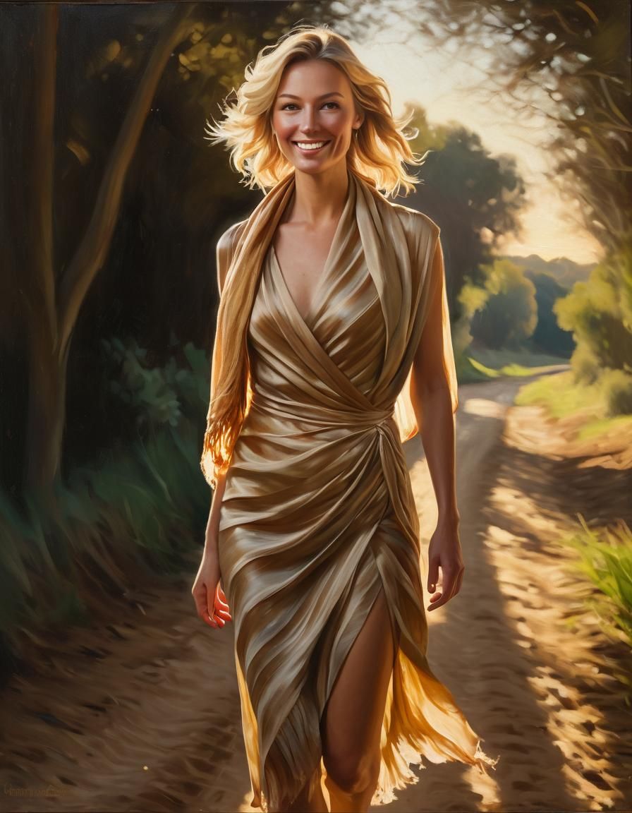 Woman on Path: Oil Painting in Renaissance Style