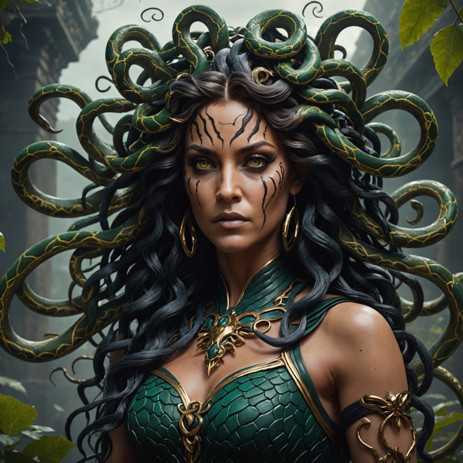 Detailed Matte Painting of Medusa with Snakes