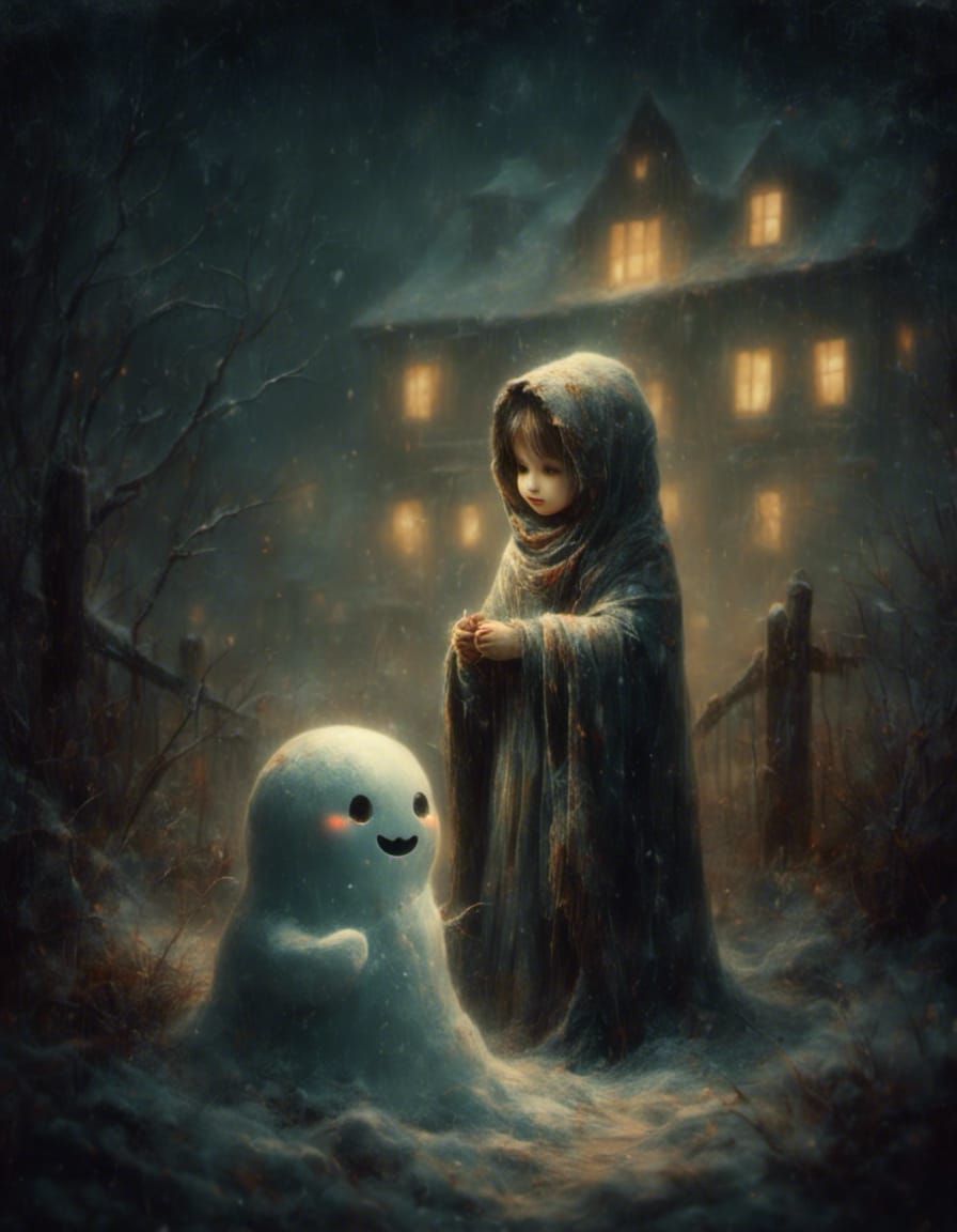 Cute Ghost Builds Snowman in Macabre Vintage Painting