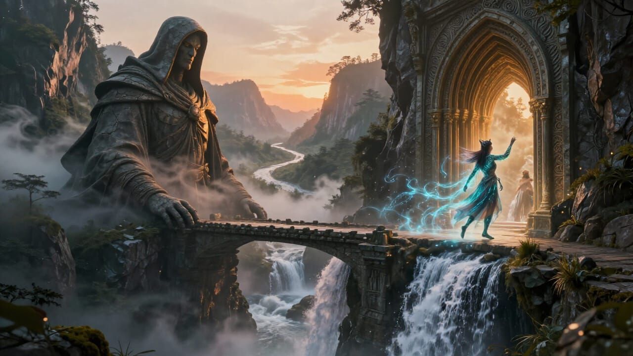 Mystical Mountain Valley with Stone Guardian and Hybrid Bein...