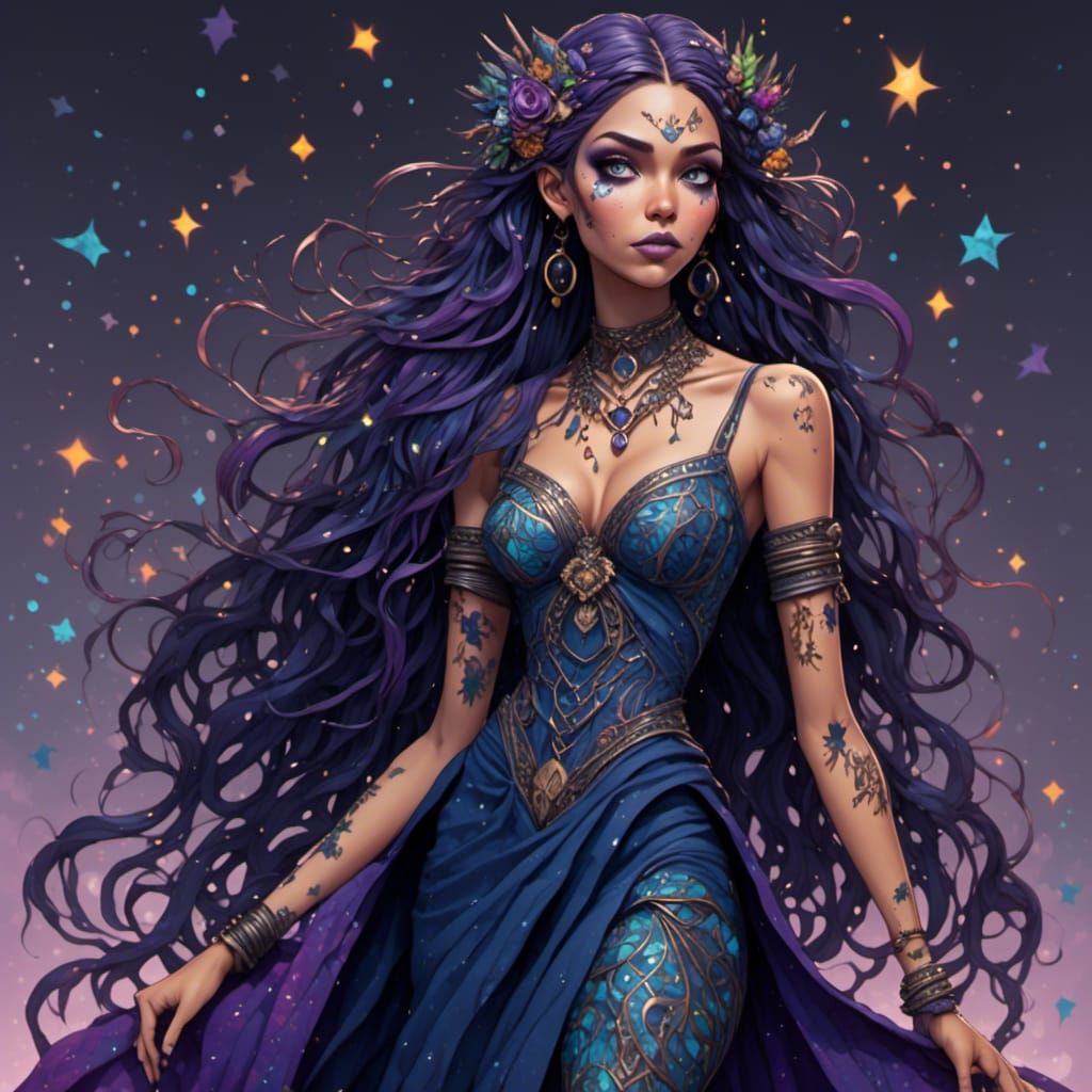 Enchanting Woman in Starry Indigo Forest