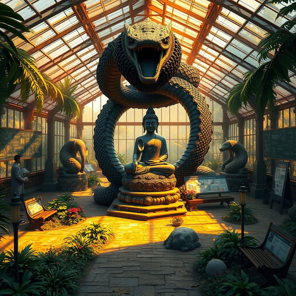 Majestic Naga Serpent Protects Buddha in Lush Greenhouse