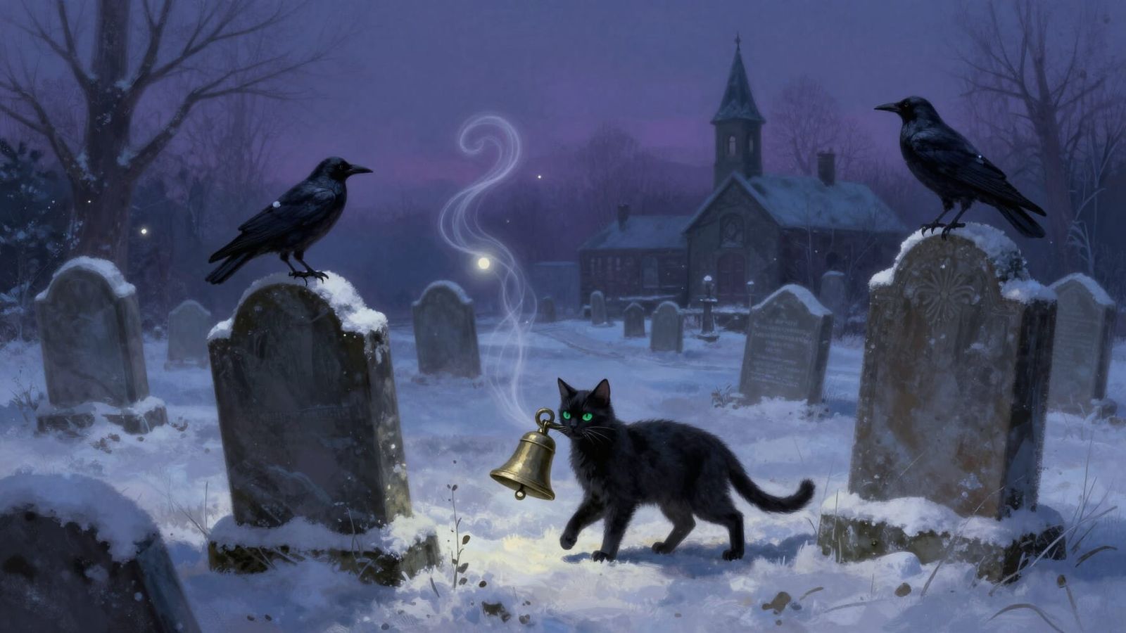 Dark Fantasy Graveyard Scene with Cat and Glowing Orbs
