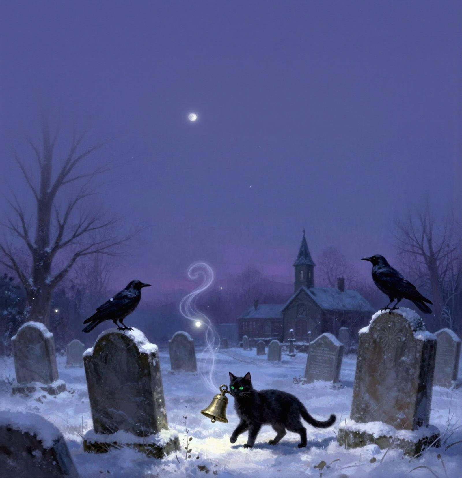 Dark Fantasy Graveyard Scene with Cat and Bell