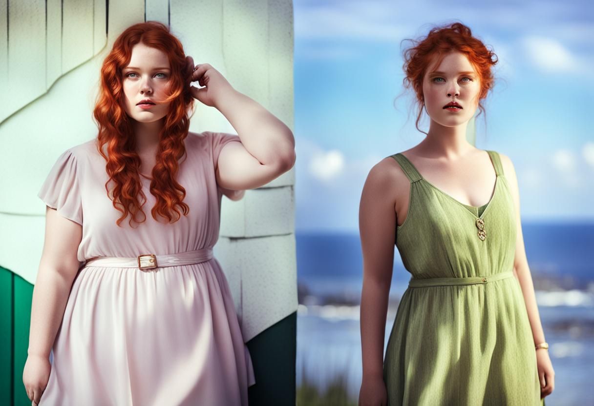 Red-Haired Girl in Green Dress, Hyperrealistic Portrait