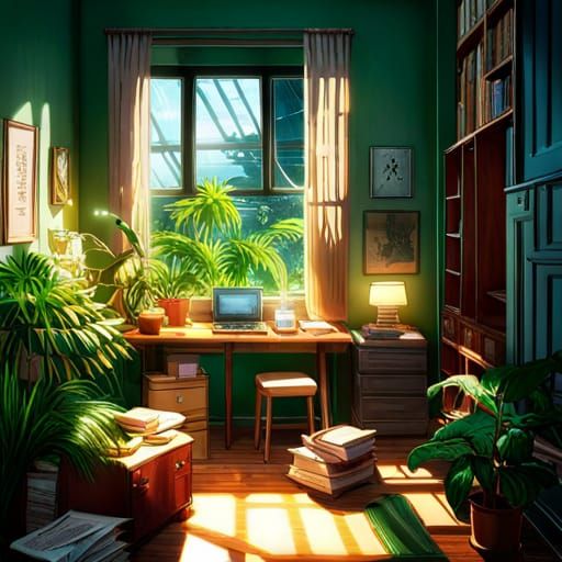 Cozy Study Room with Plants in Anime Style