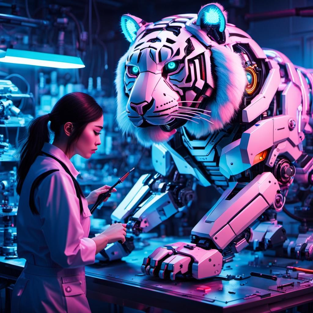 Girl Mechanic Fixing Robot Tiger in Futuristic Style