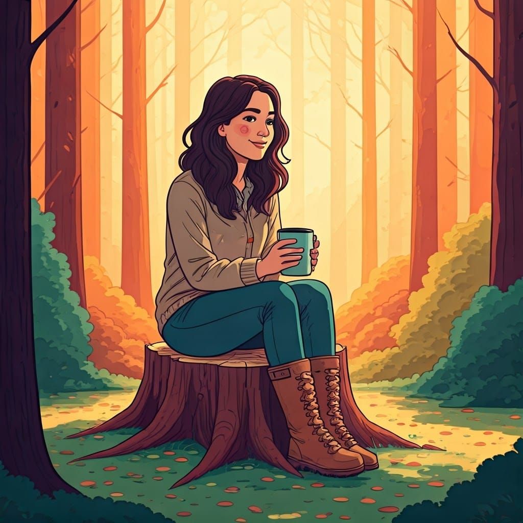 Cartoon Woman in Boots with Coffee in Woods