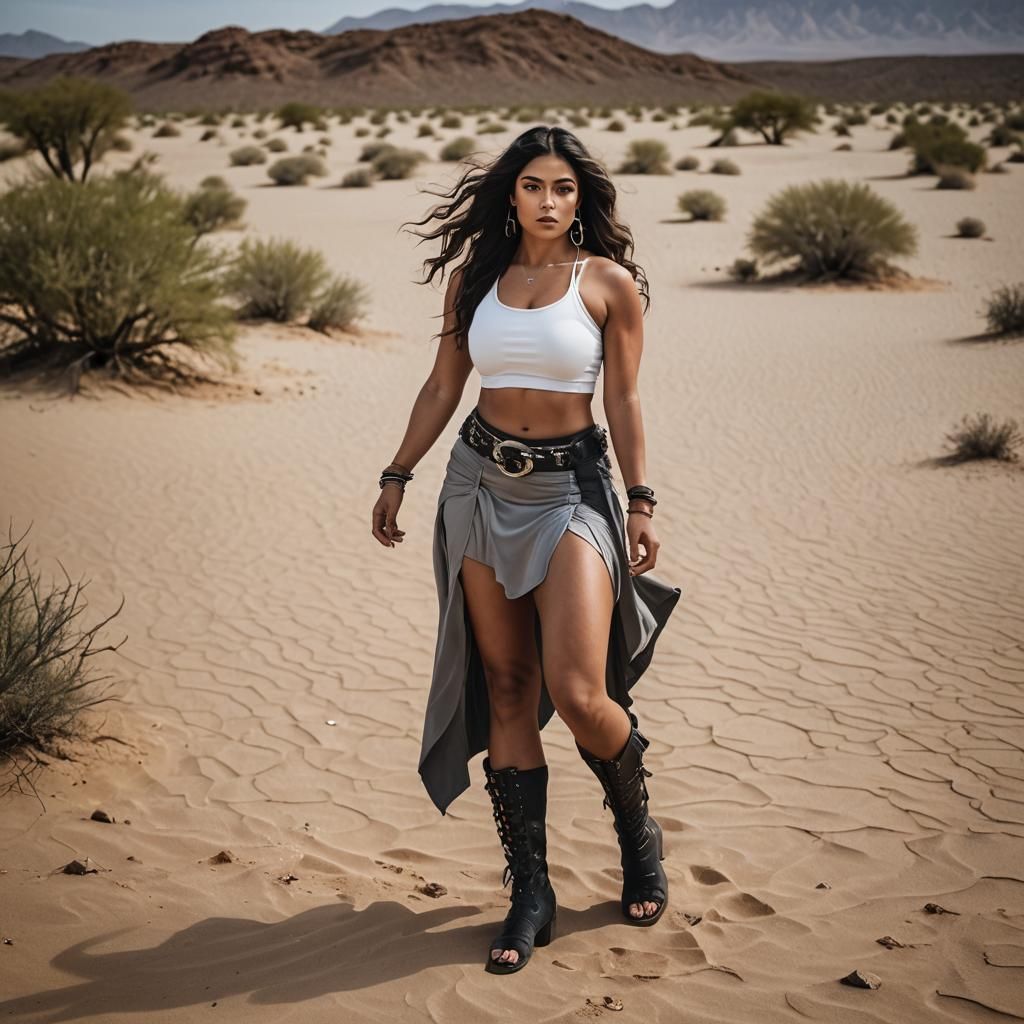 head to feet portrait of a curvy young latina female. stand wide-legged in desert. slim-muscular, tanned, clearly define...