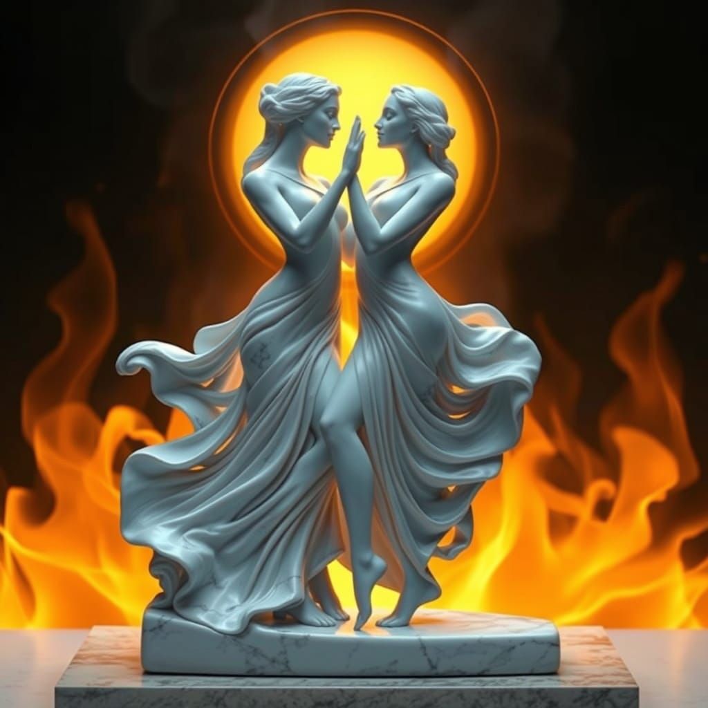 Two Female Forms Dance Passionately in Front of a Saffron-Hu...