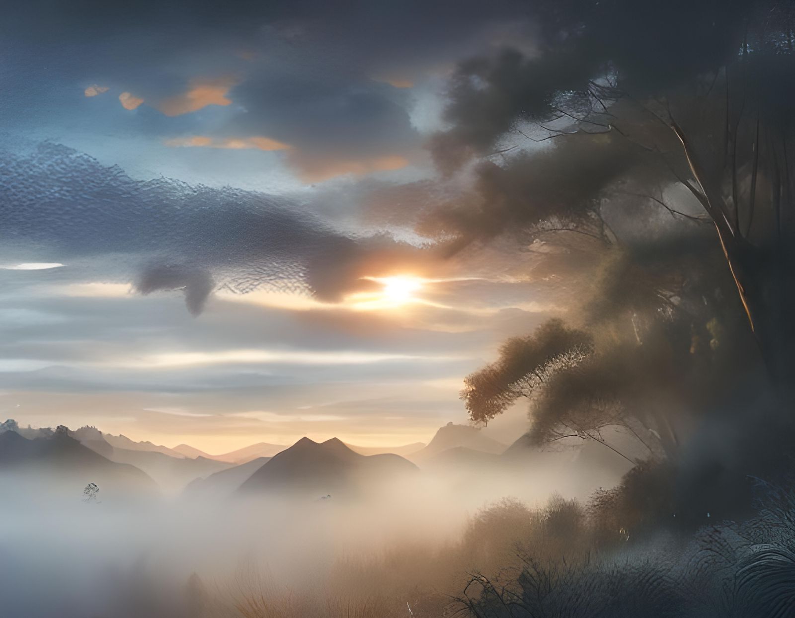 Misty Sunrise Watercolor Landscape on a Frosty Morning