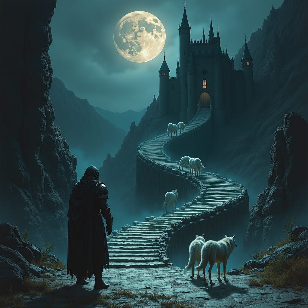 Mystical Warrior at Infinite Stairway in Beksiński Style