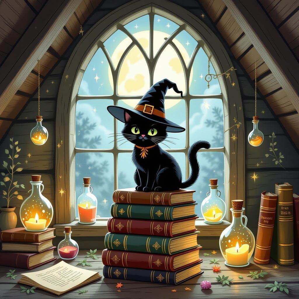 Witch's Cat on Spellbooks in Moonlit Attic