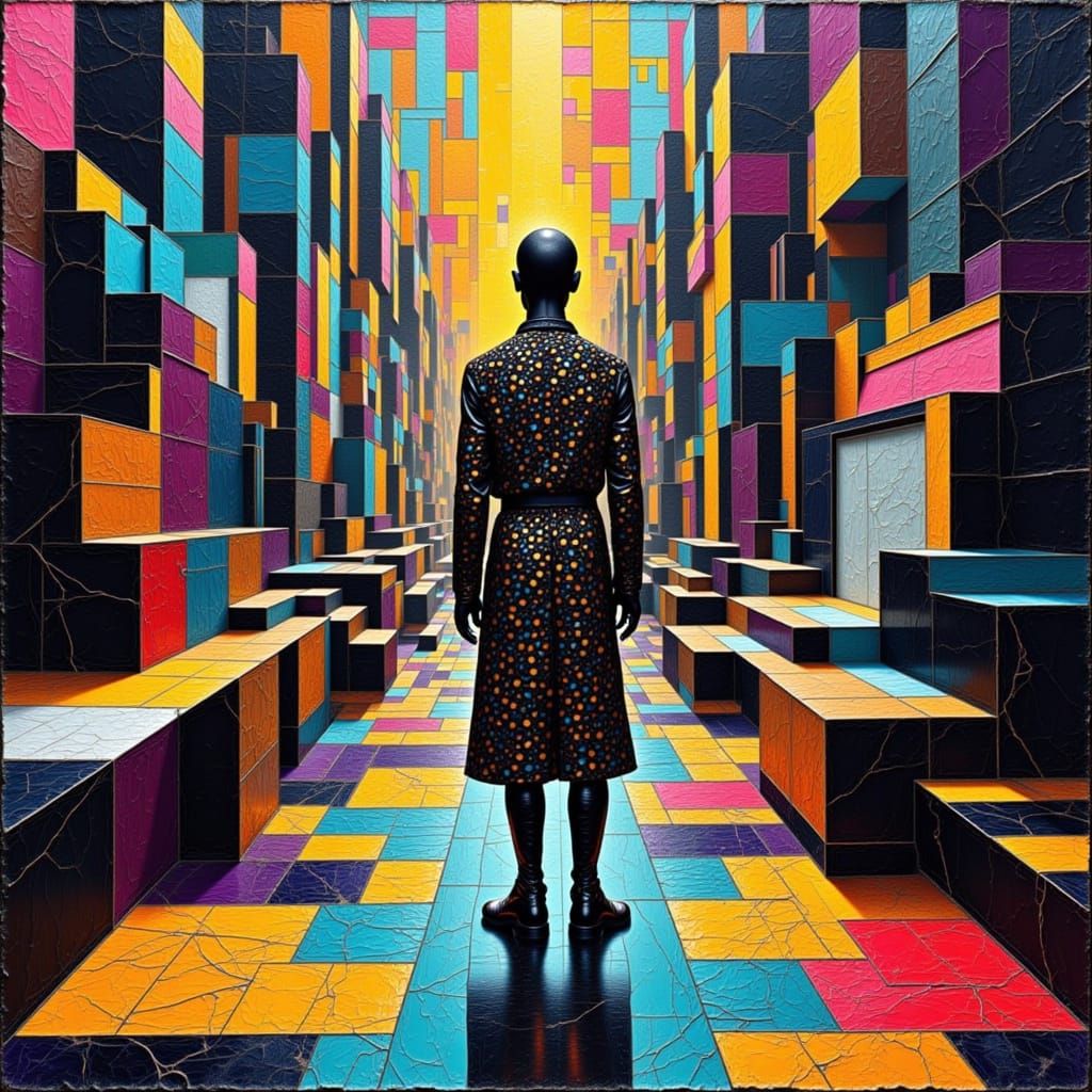 Surreal Cityscape with Glittering Geometry and Iridescent Fi...