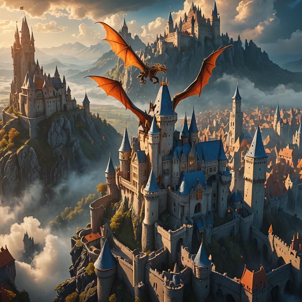 Dragon Soaring Above Medieval Castle in Fantasy Art