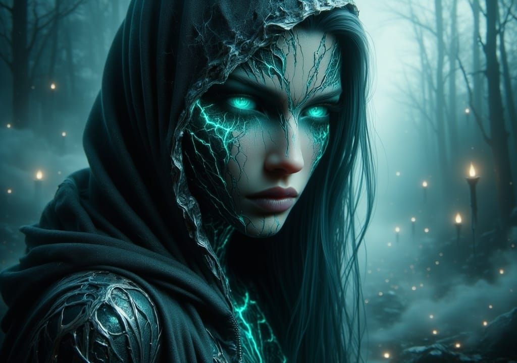 Mysterious Woman in Mist with Emerald Eyes