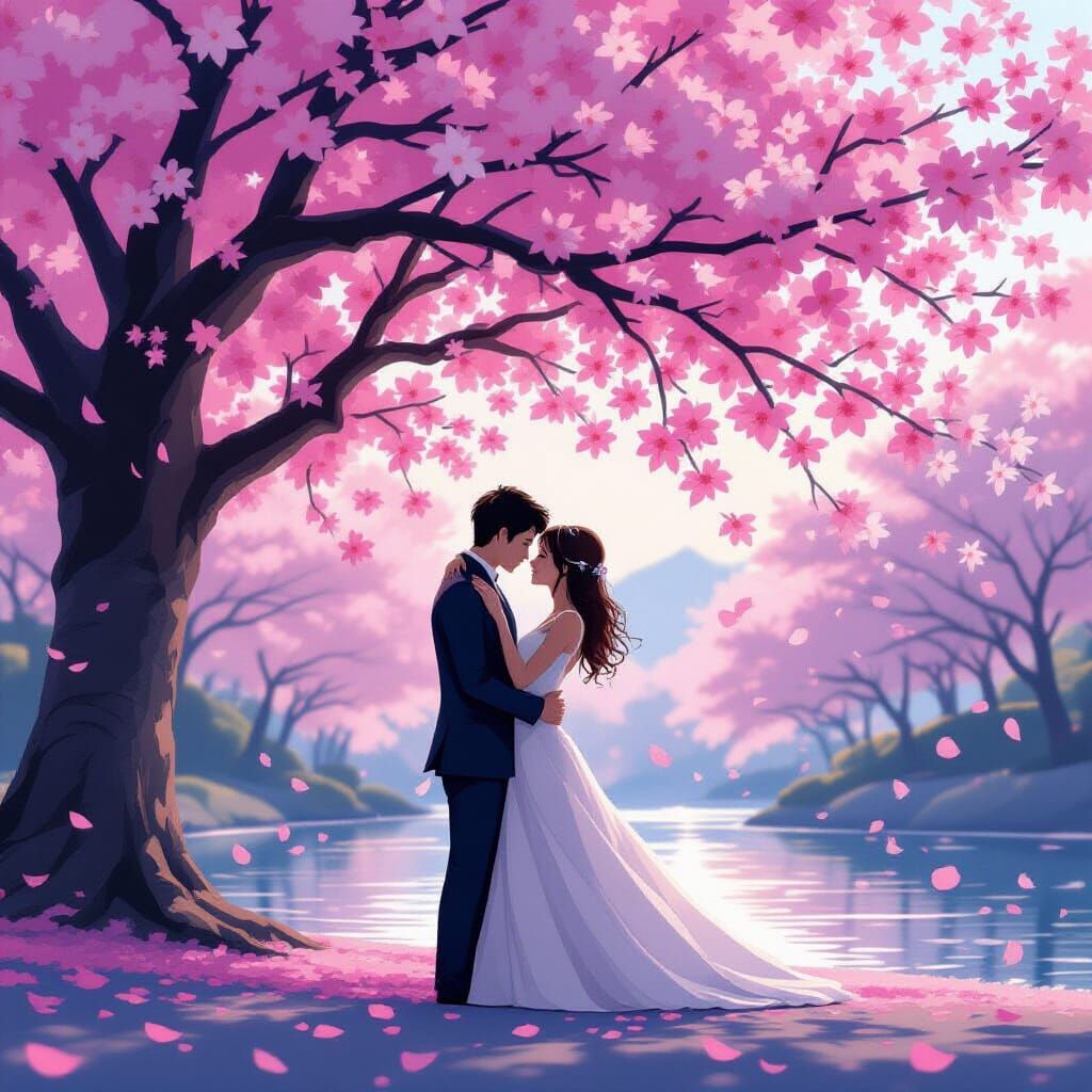 Lovers Embrace Under Sakura Tree in Dreamy Style
