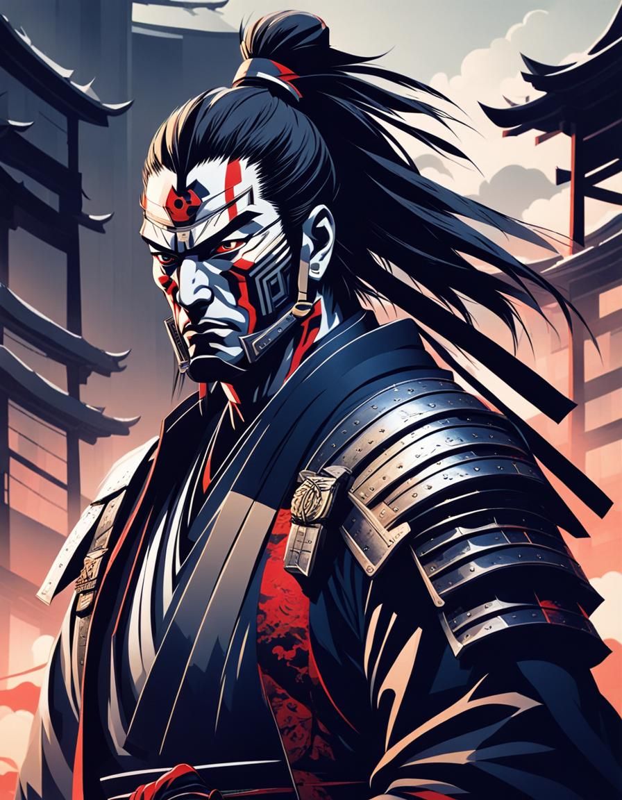 Cyborg Samurai in Feudal Cityscape Portrait