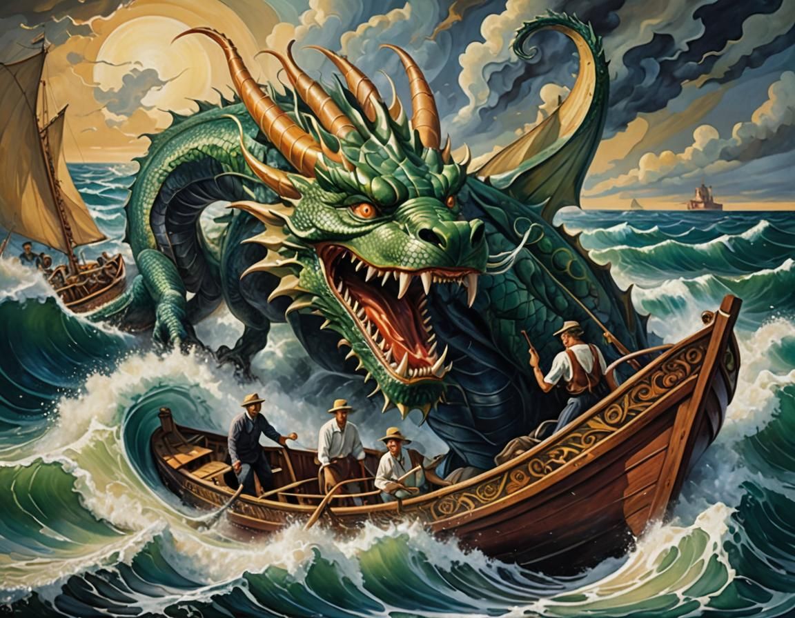 Dragon Boat with Distressed Man, Realistic Surrealism