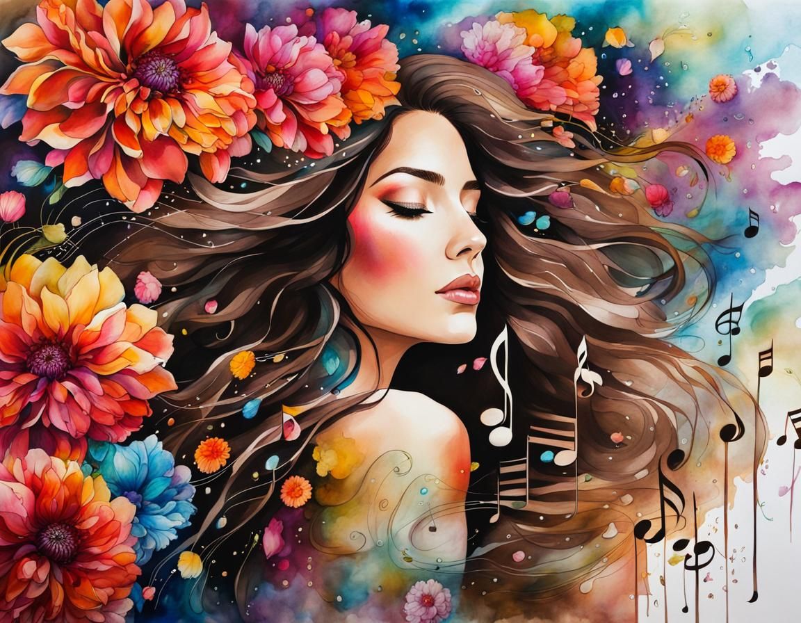 Beautiful Woman in Floral Ink Painting with Music