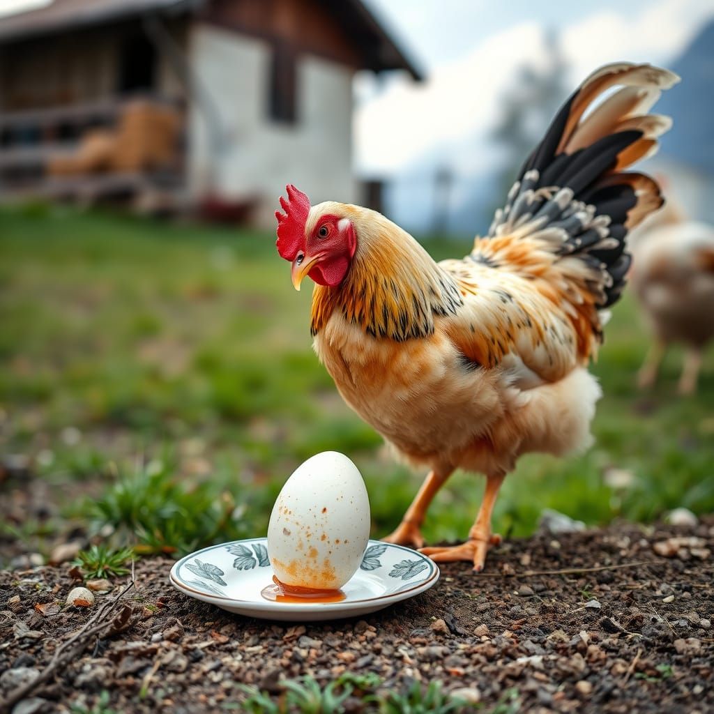 Chicken Lays Egg on Plate at Tirolian Farm