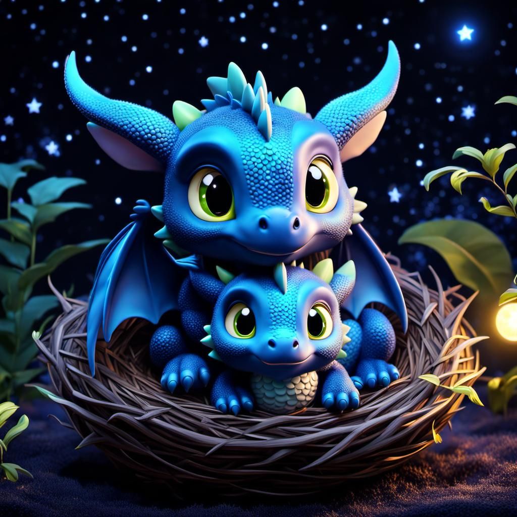 Adorable Baby Dragon in Nest: Cartoon Kawaii Style