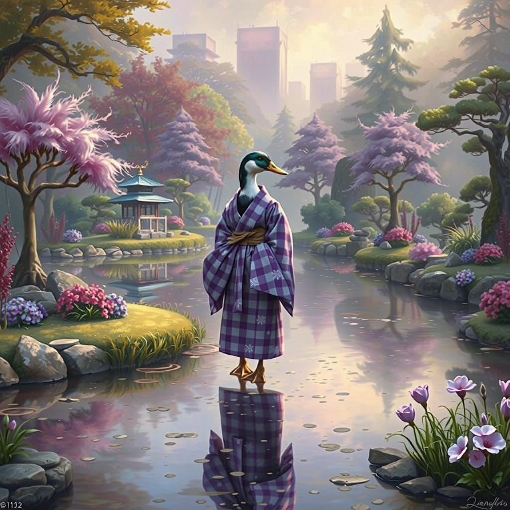 Duck in Whimsical Japanese Garden, Watercolor Style