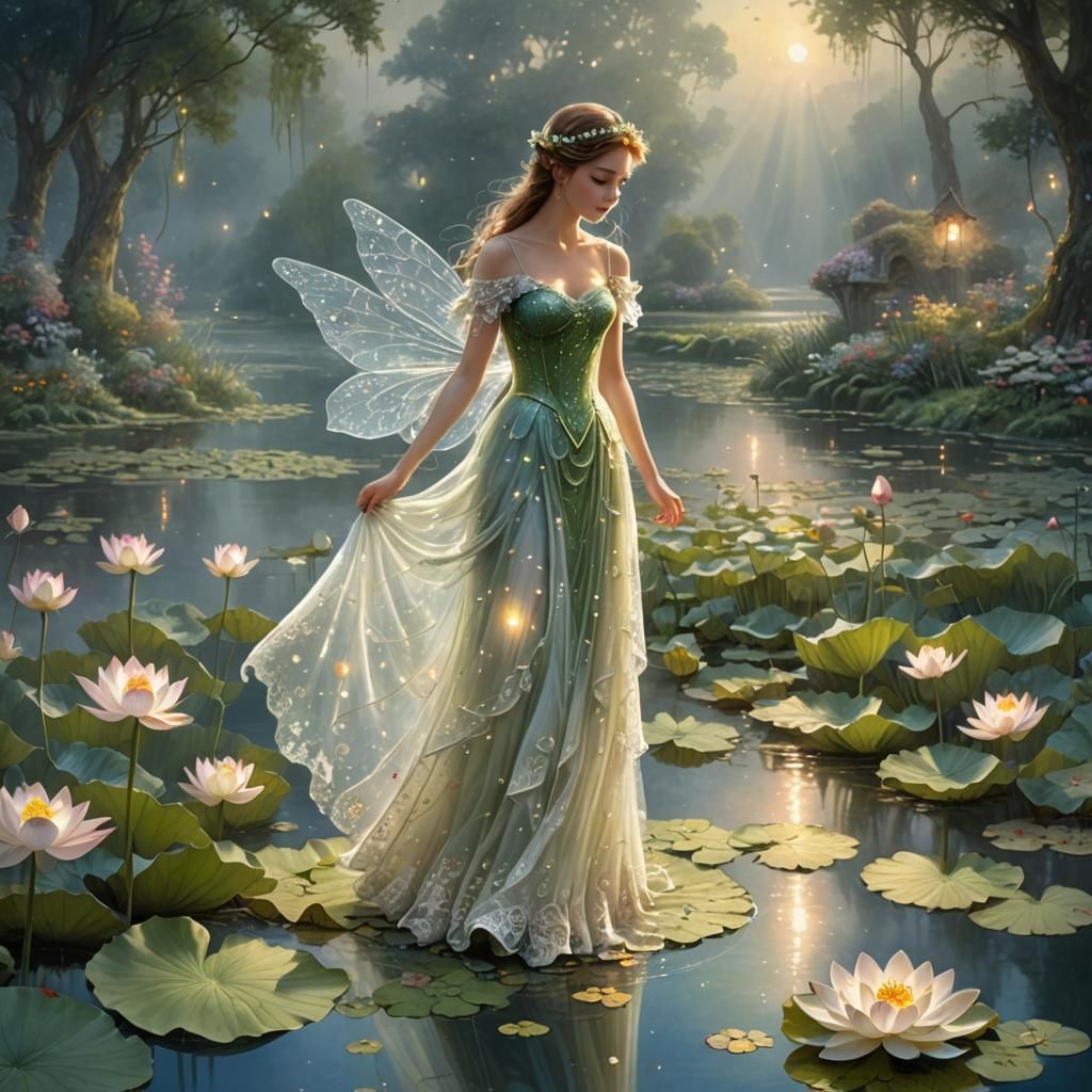 Ethereal Lotus Fairy in a Meadow Pond