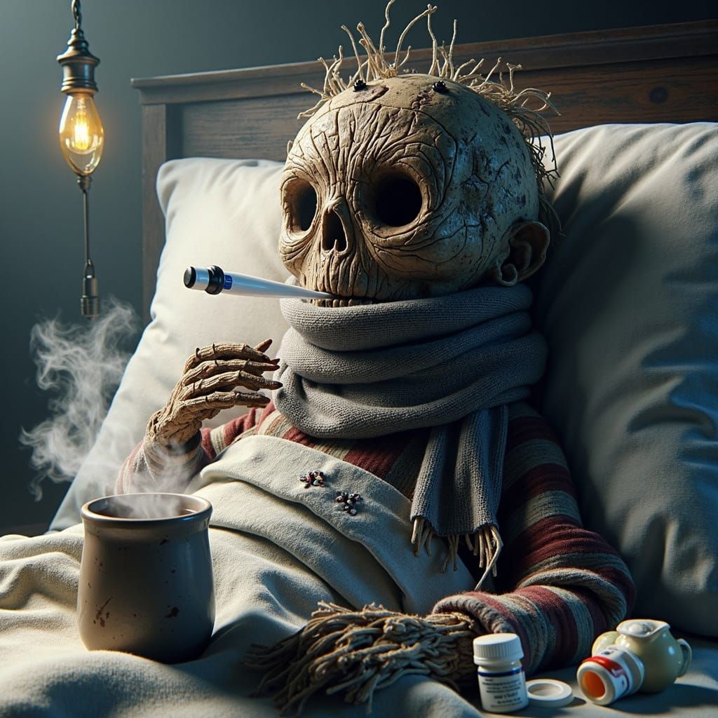 A sick scarecrow lies sweating in a bed, the scarecrow has a thermometer in his mouth and a scarf around his neck. There...