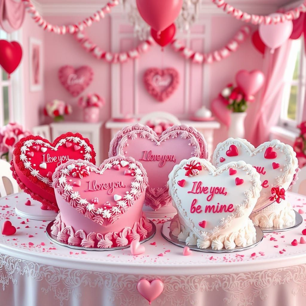 Whimsical Valentine's Day Heart-Shaped Cakes Scene
