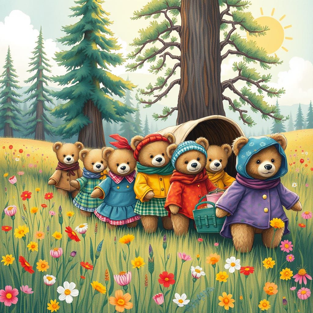 Vibrant Teddy Bear Caravan in a Whimsical Meadow