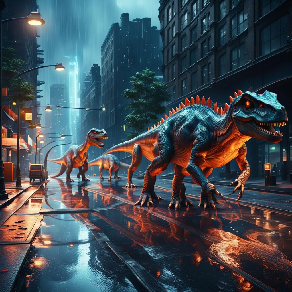 Dinosaurs Roaming a Modern City in 8K