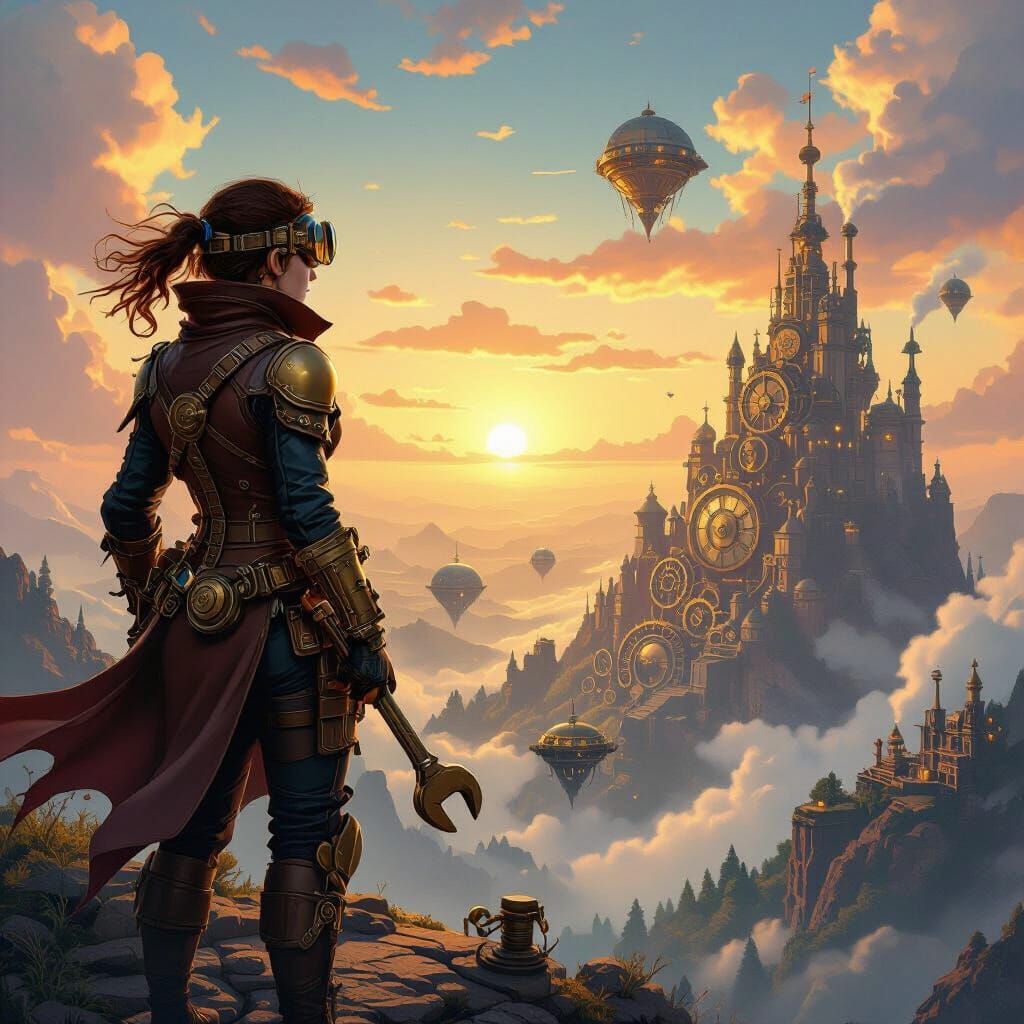 Steampunk Explorer on Clockwork Mountain at Sunset