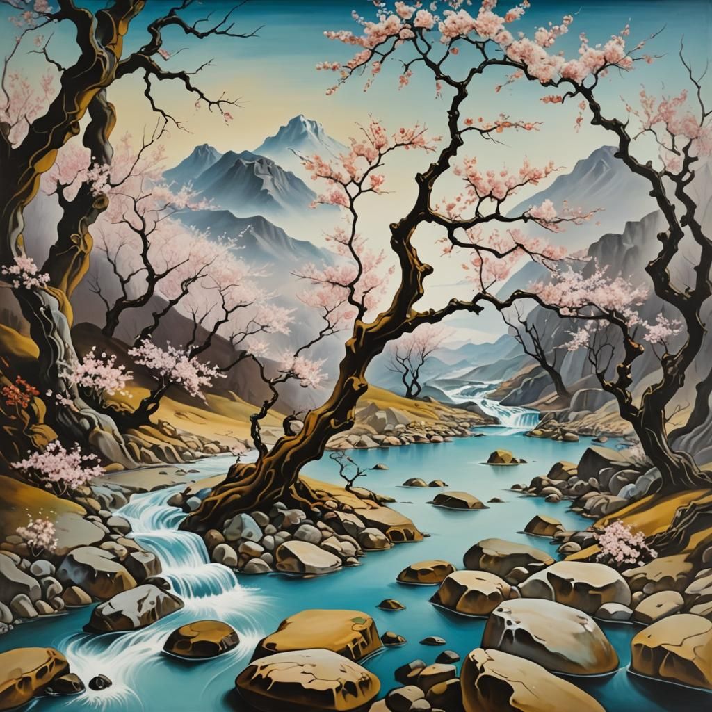 Surreal Valley Stream with Blossoms, Dali Style