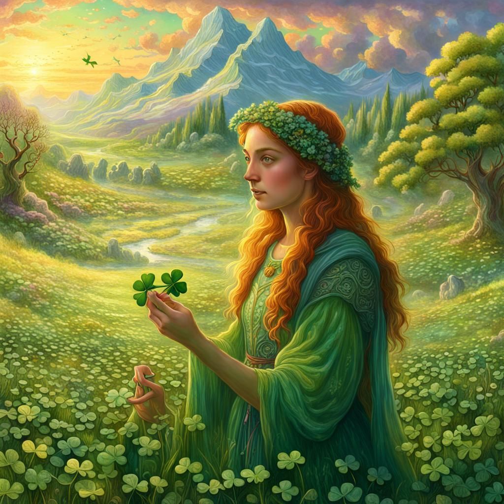 Woman in Shamrock Meadow: Fantasy Concept Art